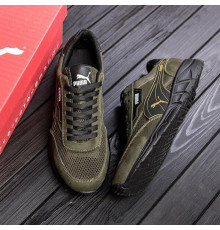 Кросівки літні Puma натуральна шкіра - вставка сітка колір: олива
