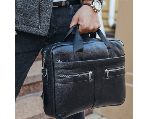 Шкіряна чоловіча сумка для ноутбука та документів чорна 39x28x8, портфель для паперів, чорний
