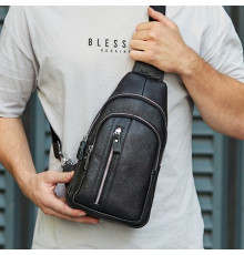 Сумка-слінг чоловіча на одне плече 18х32х7, рюкзак нагрудний з натуральної шкіри 74521 чорний