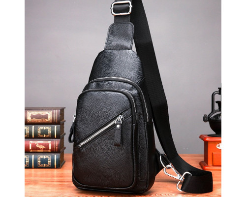 Мужской слинг через плечо 18х32х7, кожаная нагрудная бананка, сумка рюкзак Tiding Bag 33737 черная