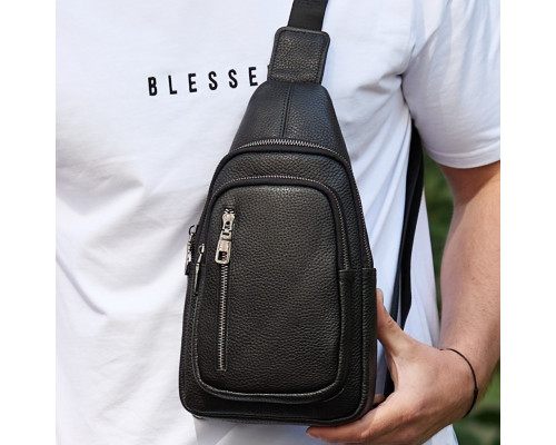 Сумка слінг чоловіча через плече 19х31х7, нагрудна сумочка рюкзак з натуральної шкіри TIDING BAG 32545 чорна