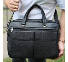 Сумка мужская офисная через плечо 39х29х10, практичный кожаный портфель для бизнеса, черный