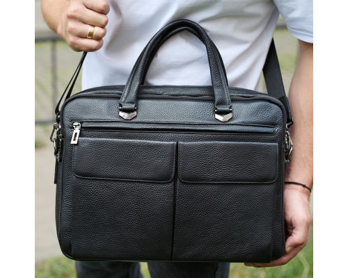 Сумка мужская офисная через плечо 39х29х10, практичный кожаный портфель для бизнеса, черный