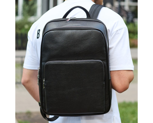 Классический мужской рюкзак из кожи 42х30х16, практичный аксессуар для ноутбука и документов, черный