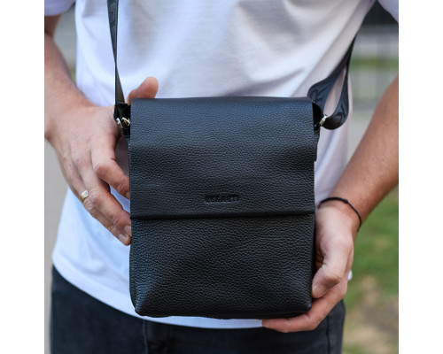 Кожаный мессенджер для мужчины 23х19х7, барсетка через одно плече, сумка для документов, черная