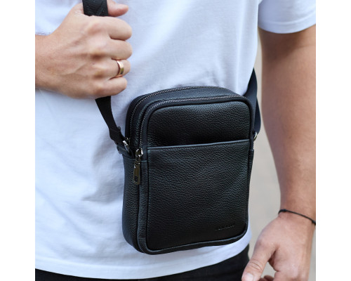 Чоловіча барсетка через плече, зернистая кожа 20х16х6, месенджер для міста, сумка для телефону та документів, чорна