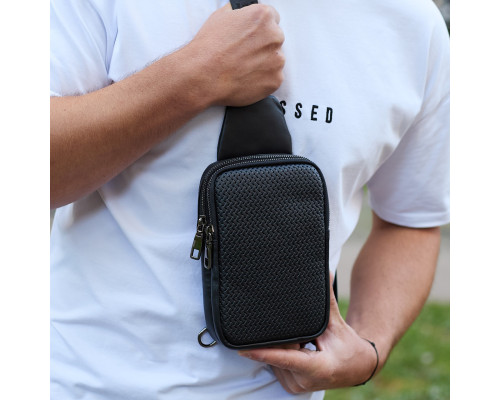 Чоловіча сумка-слінг через плече 13х20х5, бананка нагрудна з візерунком для телефону, чорна