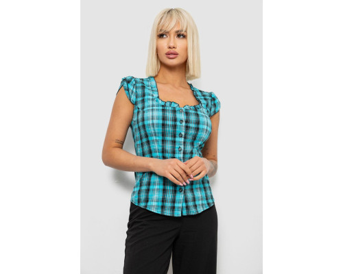 Блуза в клітину, колір бірюзовий, 230R2502