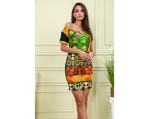 Летнее платье прямого кроя, цвет Зеленый с принтом, 167R122-1