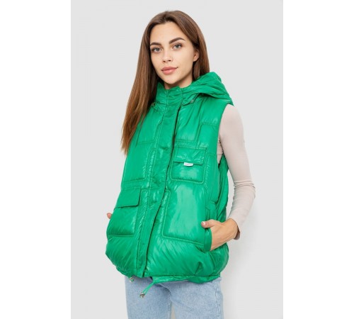 Жилет жіночий однотонний з капюшоном, колір зелений, 244R810