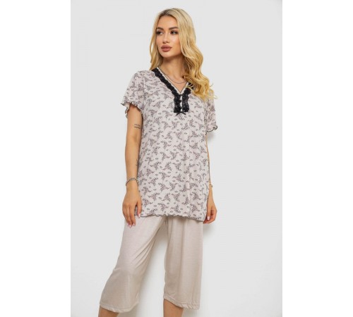 Піжама жіноча з принтом, колір бежевий, 243R6968