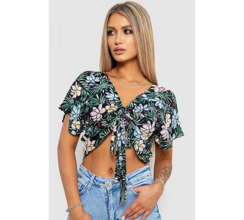Блуза-топ с цветочным принтом, цвет черно-зеленый, 244R292