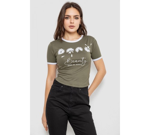 Футболка-топ жіноча з принтом, колір хакі, 244R604