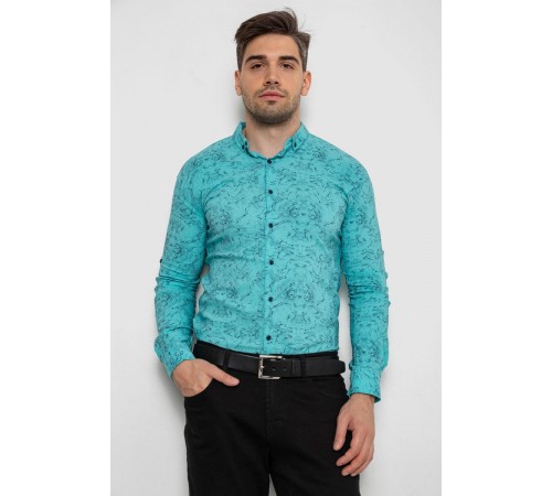 Рубашка мужская с принтом стрейч, цвет бирюзовый, 214R1054