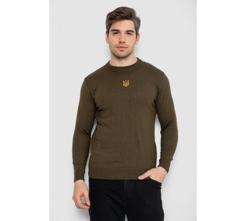 Свитер мужской однотонный с вышивкой трезубец, цвет хаки, 161R008