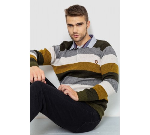 Свитер-обманка мужской в полоску, цвет бежево-горчичный, 161R901-1