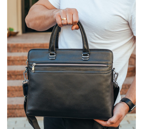 Кожаная мужская деловая сумка 38x29x8, папка портфель для работы Tiding Bag 30987 черная