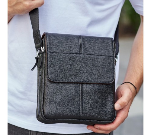 Чоловіча сумка шкіряна планшет 21х24х6, барсетка на одне плече Tiding Bag M1254A чорна
