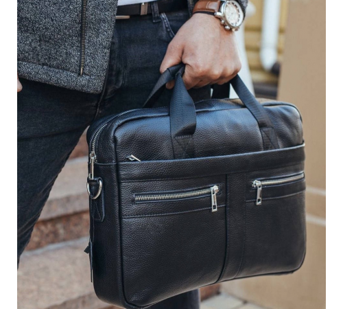 Шкіряна чоловіча сумка для ноутбука та документів чорна 39x28x8,  портфель для паперів, чорний