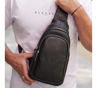 Чоловічий слінг шкіряний 32х18х8, сумка рюкзак на плече зерниста, бананка для документів23242 чорна