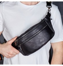 Стильна чоловіча бананка з натуральної гладкої шкіри 14х25х10, сумка нагрудна для телефону NM-50358 чорна