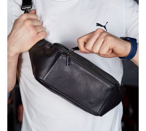 Сумка-бананка для телефону 11х25х8, стильний слінг із натуральної гладкої шкіри TD-31848 чорний