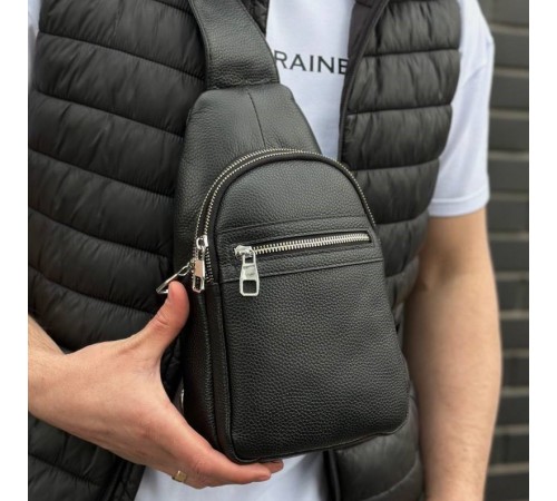 Чоловіча сумка-бананка через плече 18х32х7, рюкзак унісекс на груди з натуральної шкіри TIDING BAG 3280 чорний