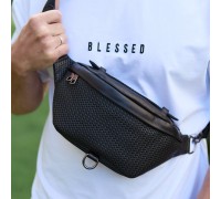 Стильна чоловіча бананка з натуральної гладкої шкіри 22х27х8, рюкзак нагрудний з принтом NM-58744 чорний