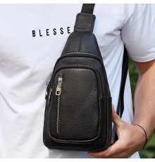 Сумка слінг чоловіча через плече 19х31х7, нагрудна сумочка рюкзак з натуральної шкіри TIDING BAG 32545 чорна