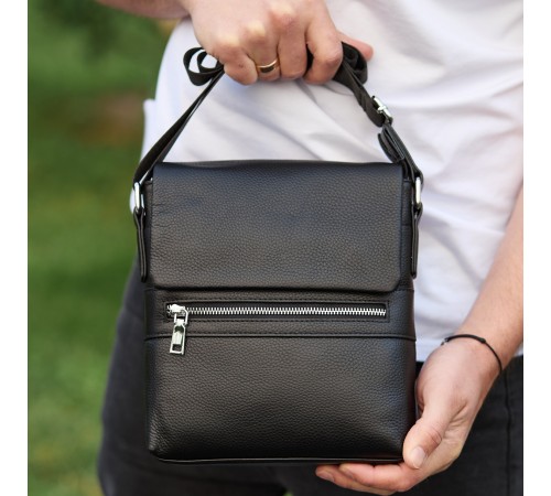 Шкіряна чоловіча сумка-месенджер 21х23х5.5, сумочка крос боді через плече чорна Tiding Bag 56230