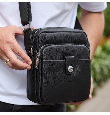 Чоловіча шкіряна універсальна сумка 24х20х8, барсетка зі шкіри, сумочка для чоловіків з регулюванням ручки, чорна