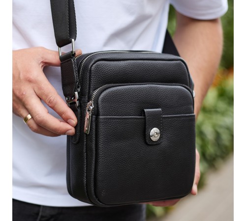 Чоловіча шкіряна універсальна сумка 24х20х8, барсетка зі шкіри, сумочка для чоловіків з регулюванням ручки, чорна