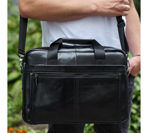 Шкіряна чоловіча сумка-портфель 38х28х8, сумочка для роботи та щоденних справ, чоловічий шопер, чорна
