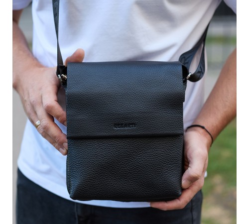 Шкіряний месенджер для чоловіка 23х19х7, барсетка через одне плече, сумка для документів, чорна